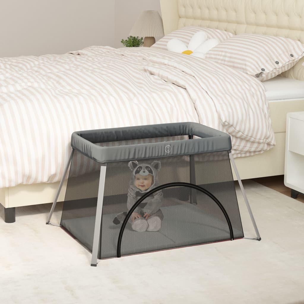 Baby Playpen with Mattress Dark Grey Linen Fabric