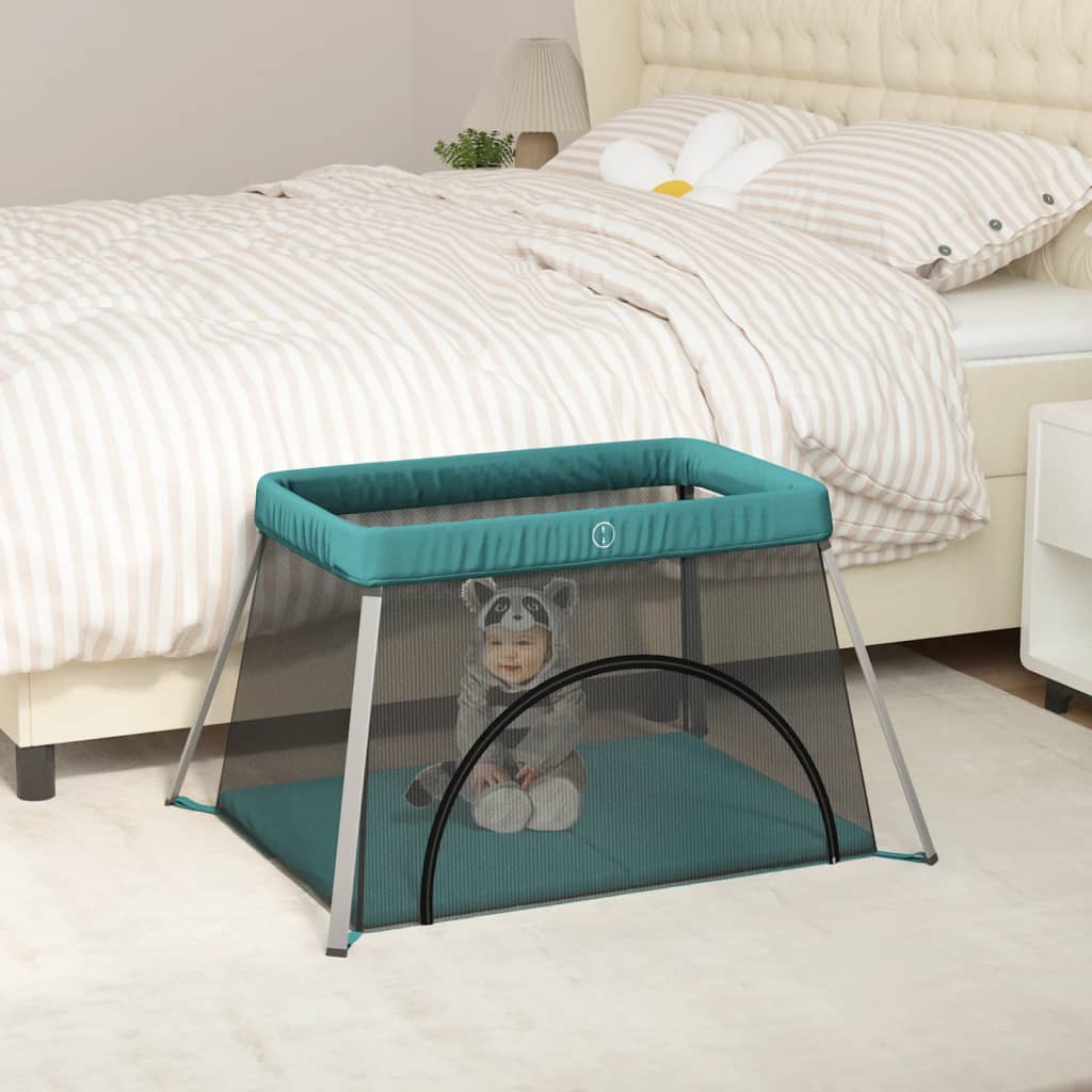 Baby Playpen with Mattress Green Linen Fabric