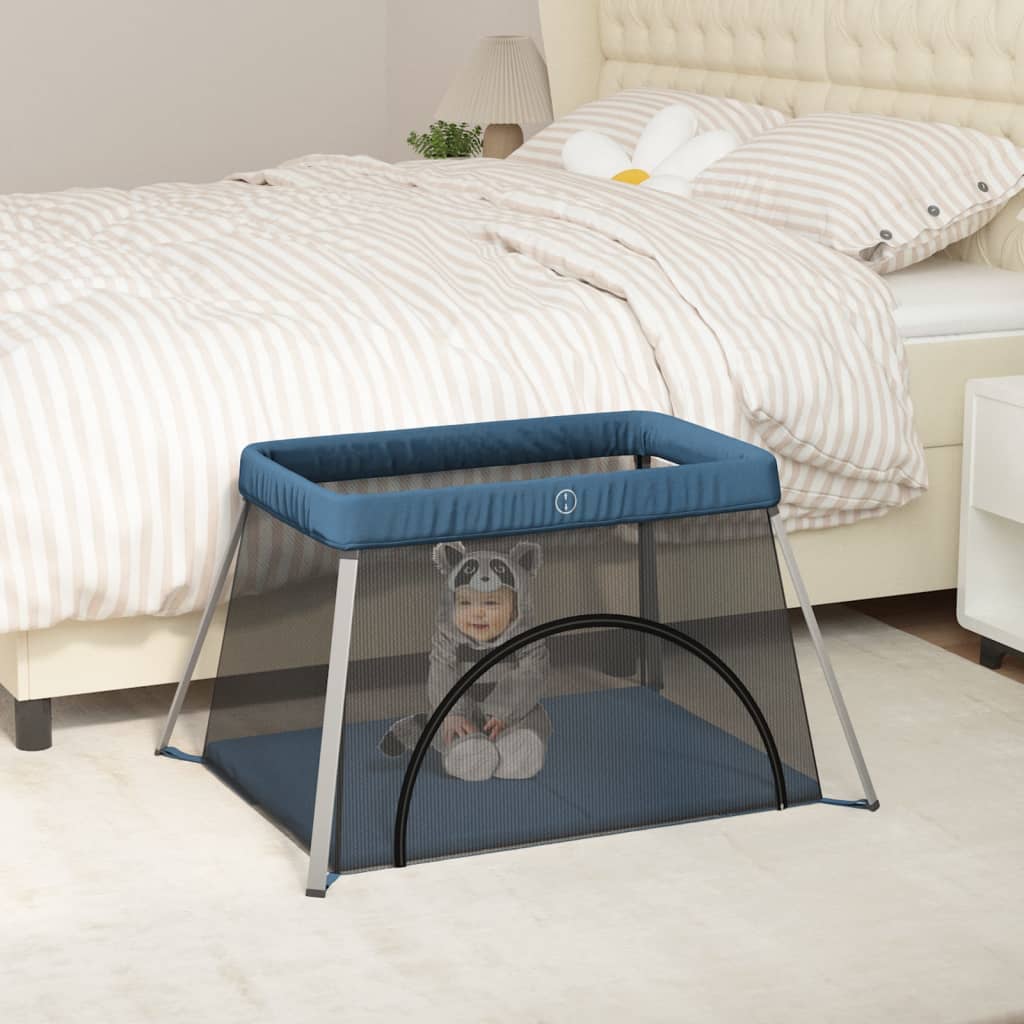 Baby Playpen with Mattress Navy Blue Linen Fabric