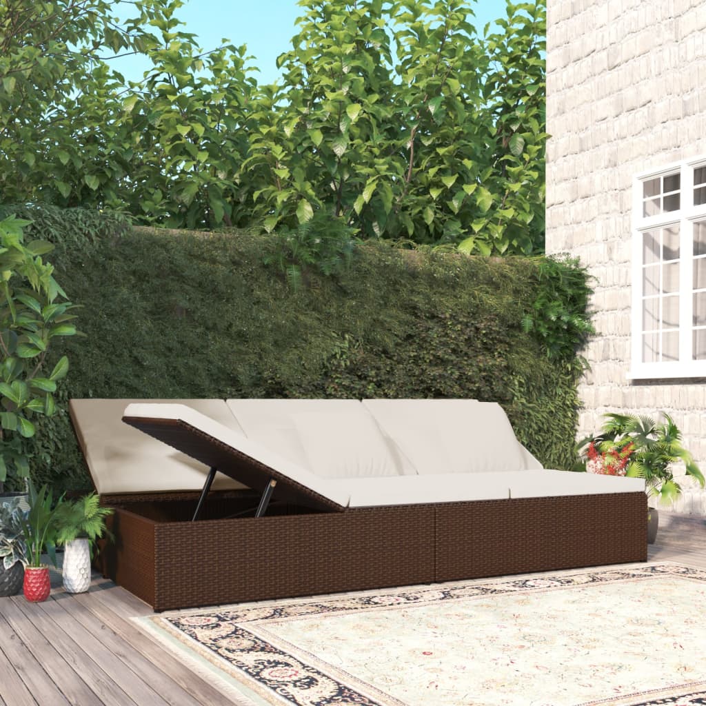 Convertible Sun Bed with Cushions Poly Rattan Brown