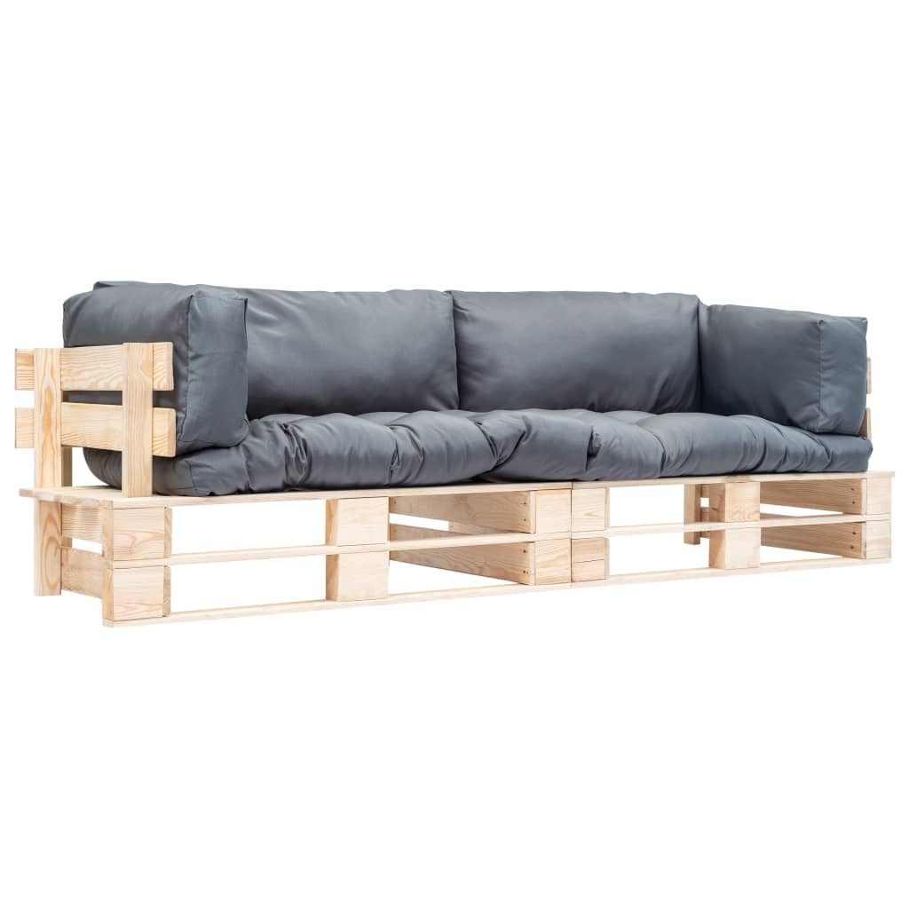 2 Piece Garden Pallet Sofa Set with Grey Cushions Pinewood