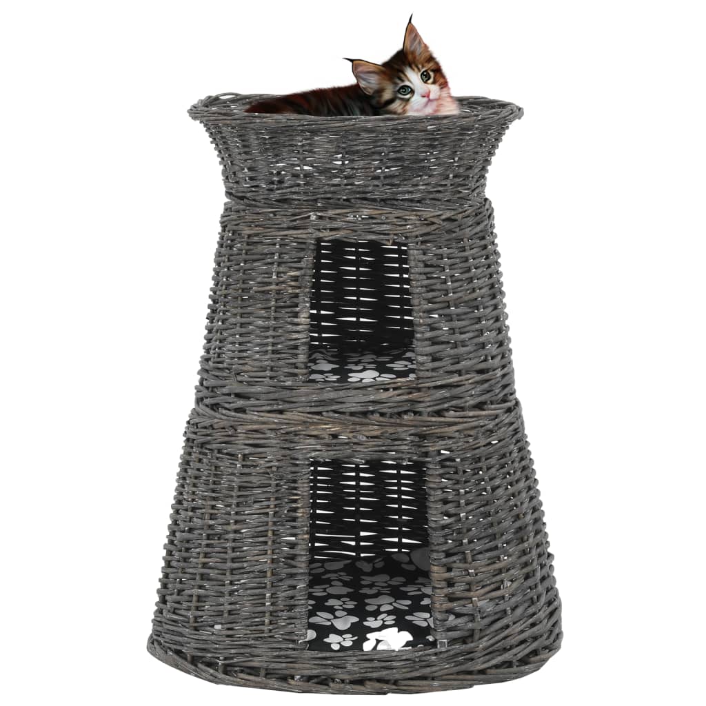 3 Piece Cat Basket Set with Cushions Grey 47x34x60 cm Natural Willow