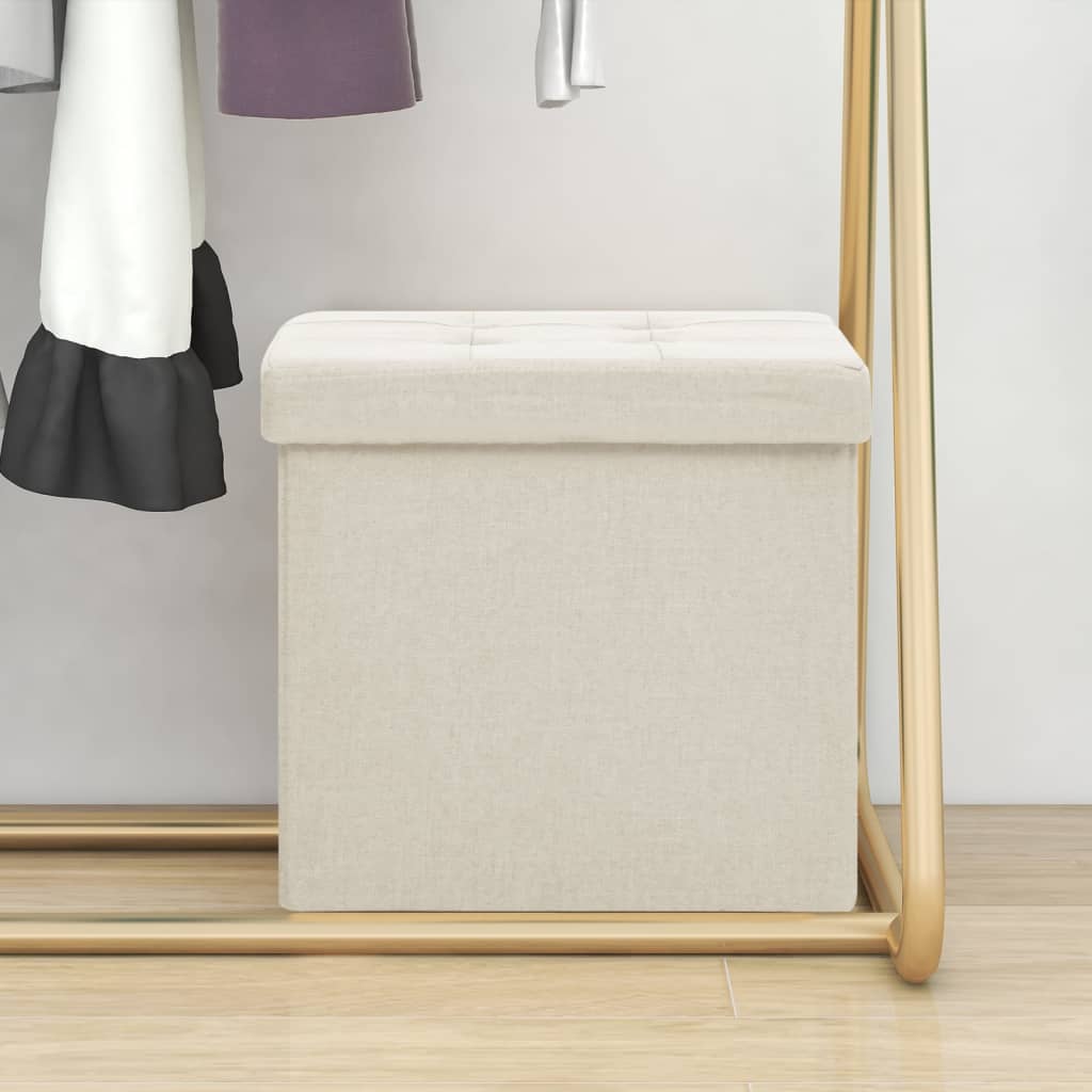 Folding Storage Stool Cream White Faux Linen